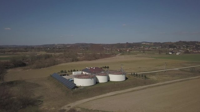 City treatment facilities. Aerial photography of treatment facilities from a drone or quadrocopter. Panels use solar energy. Recycling human waste. Question about clean drinking water. Power station.