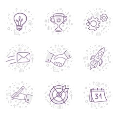 Set of cool illustration in doodle style: idea, wining, technology, mailing, cooperation, writing and deadline. Vector on business theme can be used in bank, It, finance, marketing and other areas.