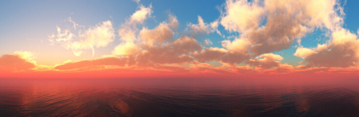 Beautiful sea sunset, panorama of the ocean at sunset, clouds above the water, sunrise in the sea
