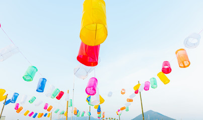 many color of paper lanterns decorated on Loykratong festival in Thailand