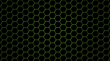 Honeycomb Grid tiled background or Hexagonal cell texture. in color Green with dark or black gradient. Tecnology concept. with 4k resolution.