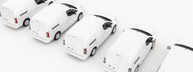 E-mobility, electric delivery cargo van generic top down view white layout panorama banner format 3d rendering