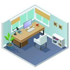 Fototapeta na wymiar Vector isometric office cabinet furniture. Freelance working place interior 