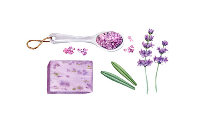 Watercolor lavender body care accessories. Bath salt, soap, cream, brush, flowers. Set of isola ated spa and cosmetic products. Realistic illustration for beauty salon and wellness center