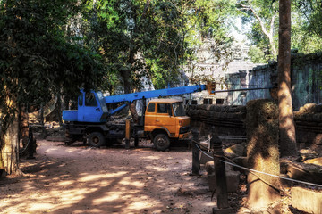 Restoration Ancient stone Angkor Wat Siem reap Cambodia.