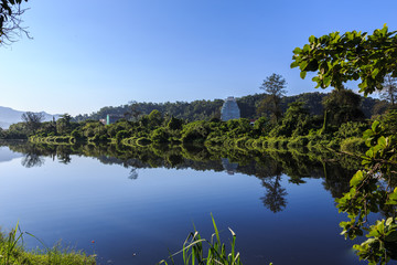 Beautiful reflection over a green from a pond with clear blue sky at Kota Kinabalu City, Sabah, Malaysia