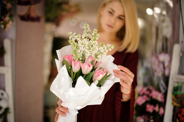 Close shot of bouquet of pink tulips