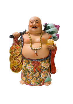  Ceramics statue of smiling buddha  (Hotei) holding coin and lotus flower , Buddhist god of happiness,wealth and Lucky.