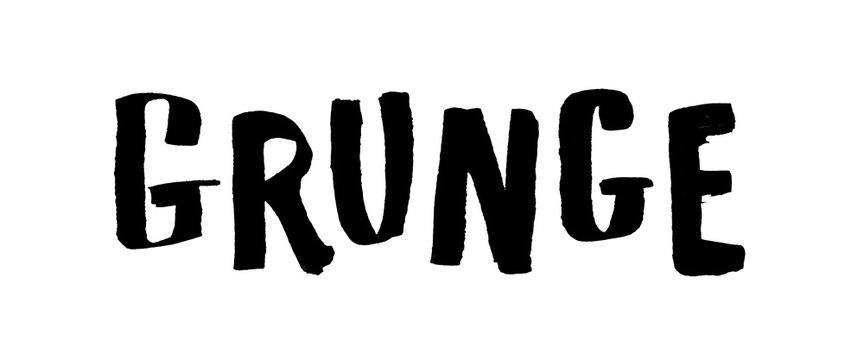 Black inscription "GRUNGE" in block letters in hand written black ink on a white background. Raster lettering illustration in grunge style.