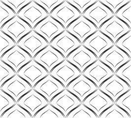 Art deco background. Thin seamless pattern. Fan tiles. Abstract elegant fishnet. Repeating graphic backdrop. Exquisite subtle wallpaper. Modern stylish texture. Geometric black and white lattice 