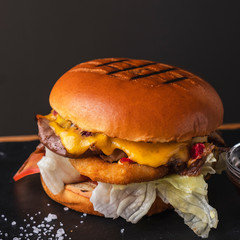 Burger with duck meat. Closeup