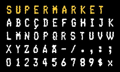 Scratched and Damaged Supermarket / Bank Receipt (Shopping Bill) Font. Pixel (Dot) Style Typography Font (Vector Typeface). Uppercase Alphabet and Numbers.