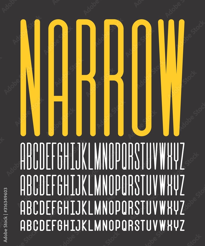 Poster narrow and condensed regular sans serif font (vector typeface). uppercase typography in four levels.