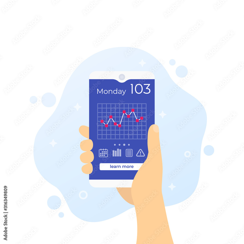 Poster glucose levels chart in app on smart phone screen, vector