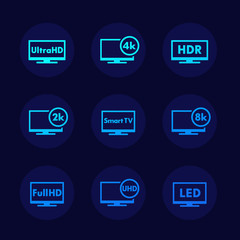 Ultra HD TV, Full HD, 4k, 8k video and High Definition icons set