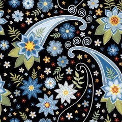 Embroidery seamless pattern with flowers and paisley. Decorative ornament for fabric, textile.