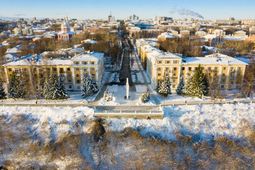 Kirov and the high bank of the river Vyatka and the Alexander Grin Embankment and Trifonov...
