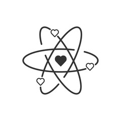 Atom with electrons in heart shape in flat design. Vector illustration. Symbol of the molecule or atom, isolated.