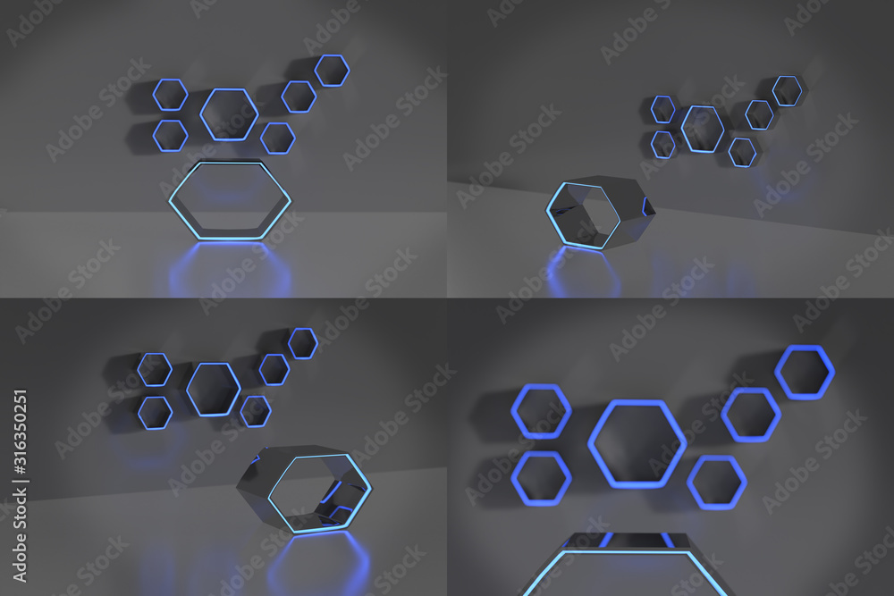 Poster 4 in 1. set of hexagon podium or product stand stage and blur wall background with glow light line i