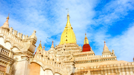 Fototapeta na wymiar Myanmar, Bagan - December 17, 2018: Ananda Temple majestic view on a blue sky