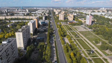 Aerial view. The city is a garden designed during the time of socialism. Large spaces and magnificent avenues, panel boxes of doi and lots of greenery. Tolyatti in the Samara region.