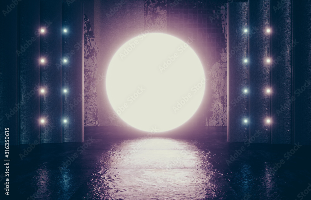 Aufkleber futuristic sci-fi modern empty stage. reflective concrete room with glowing circle neon pink color. 
