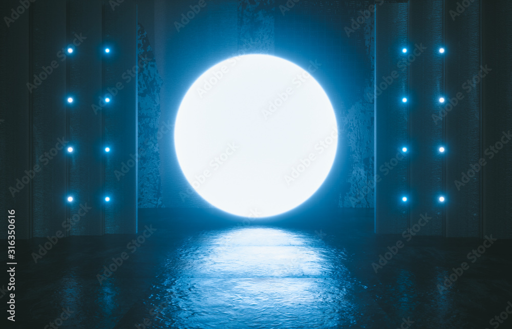 Poster futuristic sci-fi modern empty stage. reflective concrete room with glowing circle neon blue color. 