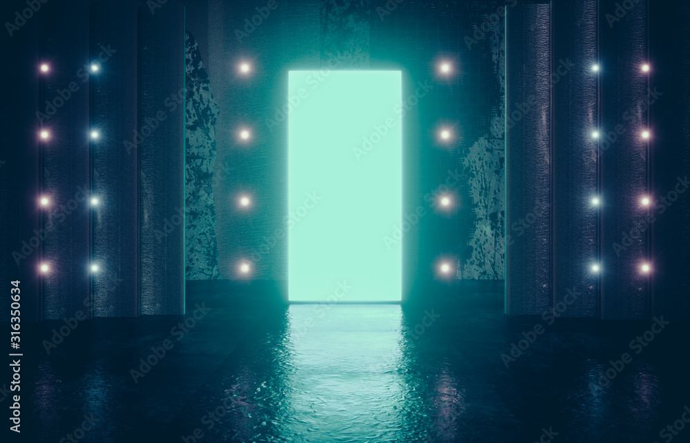 Poster futuristic sci-fi modern empty stage. reflective concrete room with glowing square neon blue color. 