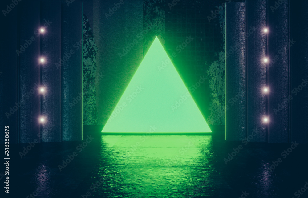 Poster Futuristic Sci-Fi Modern empty stage. Reflective concrete room with glowing triangle neon green color. 3d render.