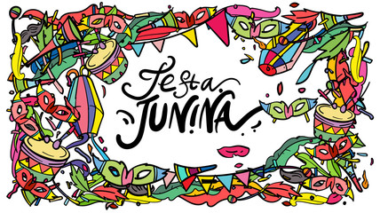 vector doodle illustration of festa junina. Greeting card, banner, website, promotion, social media story,  and advertisement.