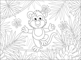 Funny cheerful monkey balancing on a long liana and playing with small butterflies among palm branches in a tropical jungle, black and white vector cartoon illustration