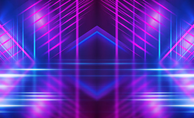 Empty dark abstract background. Background of empty show scene. Glow of neon lights and neon...