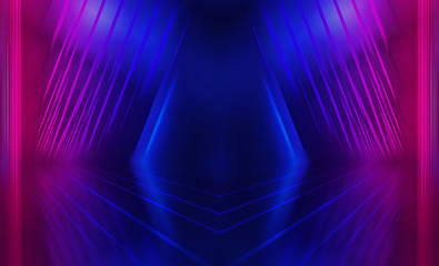 Empty dark abstract background. Background of empty show scene. Glow of neon lights and neon...