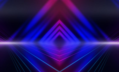 Empty dark abstract background. Background of empty show scene. Glow of neon lights and neon...