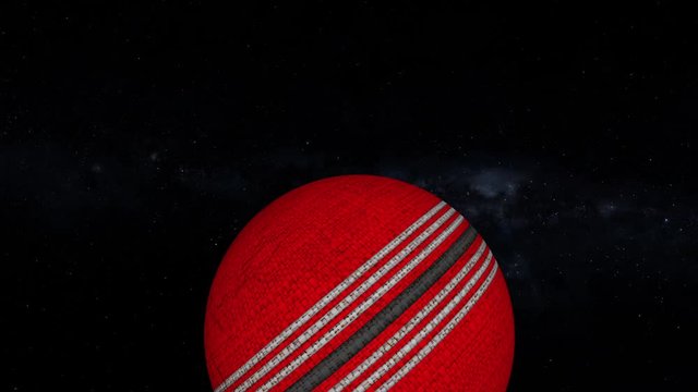 Cricket world concept. Space view intro background with red ball rotating in space, milky way stars in background.