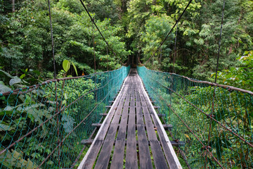 The suspension bridge crossing the wild river in the middle of the Borneo Rainforest in Sabah, Malaysia.