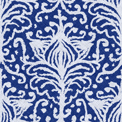 Indigo cyanotype dyed effect distressed worn bleached graphical motif. Noisy brushed faded mottled, intricate grungy stained navy design. Seamless repeat raster jpg pattern swatch.