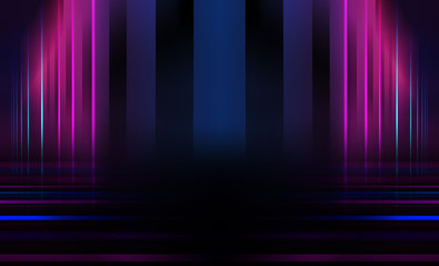 Empty dark abstract background. Background of empty show scene. Glow of neon lights and neon figures on an empty concert stage. Reflection of light on the pavement.