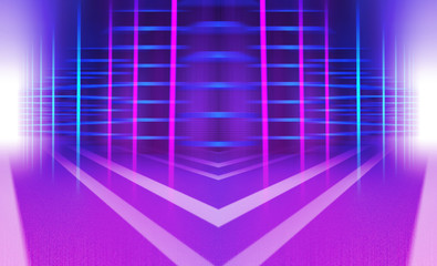 Empty dark abstract background. Background of empty show scene. Glow of neon lights and neon figures on an empty concert stage. Reflection of light on the pavement.