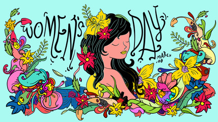 vector doodle illustration of women’s day. Greeting card, banner, website, promotion, social media story,  and advertisement.
