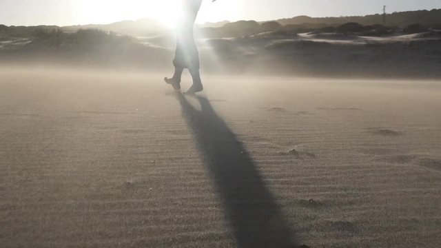 Pies descalzos de mujer caminando por la arena con viento HD