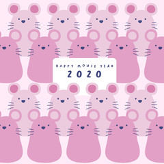 2020 Happy New Year (Mouse year) card template with pink mice isolated on light pink background : Vector Illustration