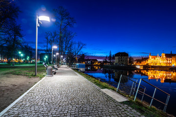 The city of Gdańsk on the Odra River at dawn.