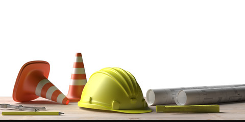 Architect workplace. Project construction blueprints and engineering tools on wooden desk. 3d illustration