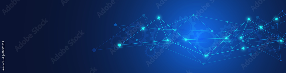 Fototapete Website header or banner design with abstract geometric background and connecting dots and lines. Global network connection. Digital technology with plexus background and space for your text.
