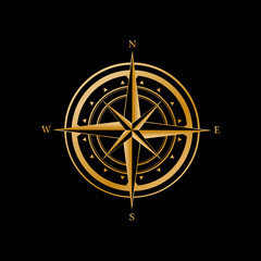 Gold compass icon on a black background. Travel symbol