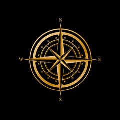 Gold compass icon on a black background. Travel symbol © dariachekman