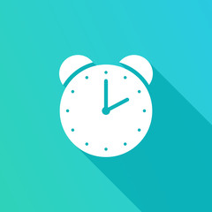Alarm clock icon with long shadow, on blue background. Vector Illustration. Alarm clock in flat design