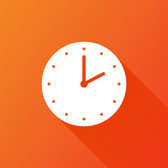 Clock icon, flat design. Vector illustration with long shadow on orange background