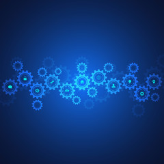 Information technology with infographic elements and flat icons. Cogs and gear wheel mechanisms. Hi-tech digital technology and engineering. Abstract technical background.